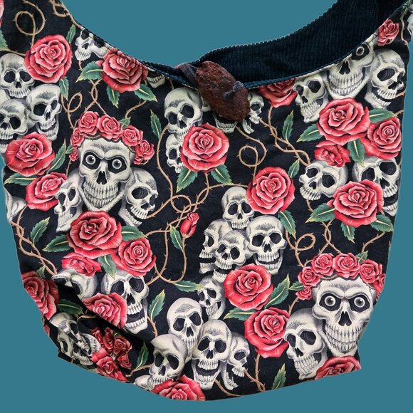Y2K Large Crossbody Bag Skulls Roses Reversible Hippie Boho Goth Fairy Grunge - Picture 2 of 7